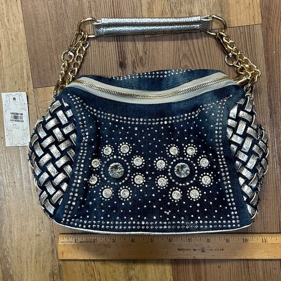 New Denim & Rhinestone Handbag, Silver Trim & Gold Tassels, w/Shoulder Strap NWT - Picture 2 of 5